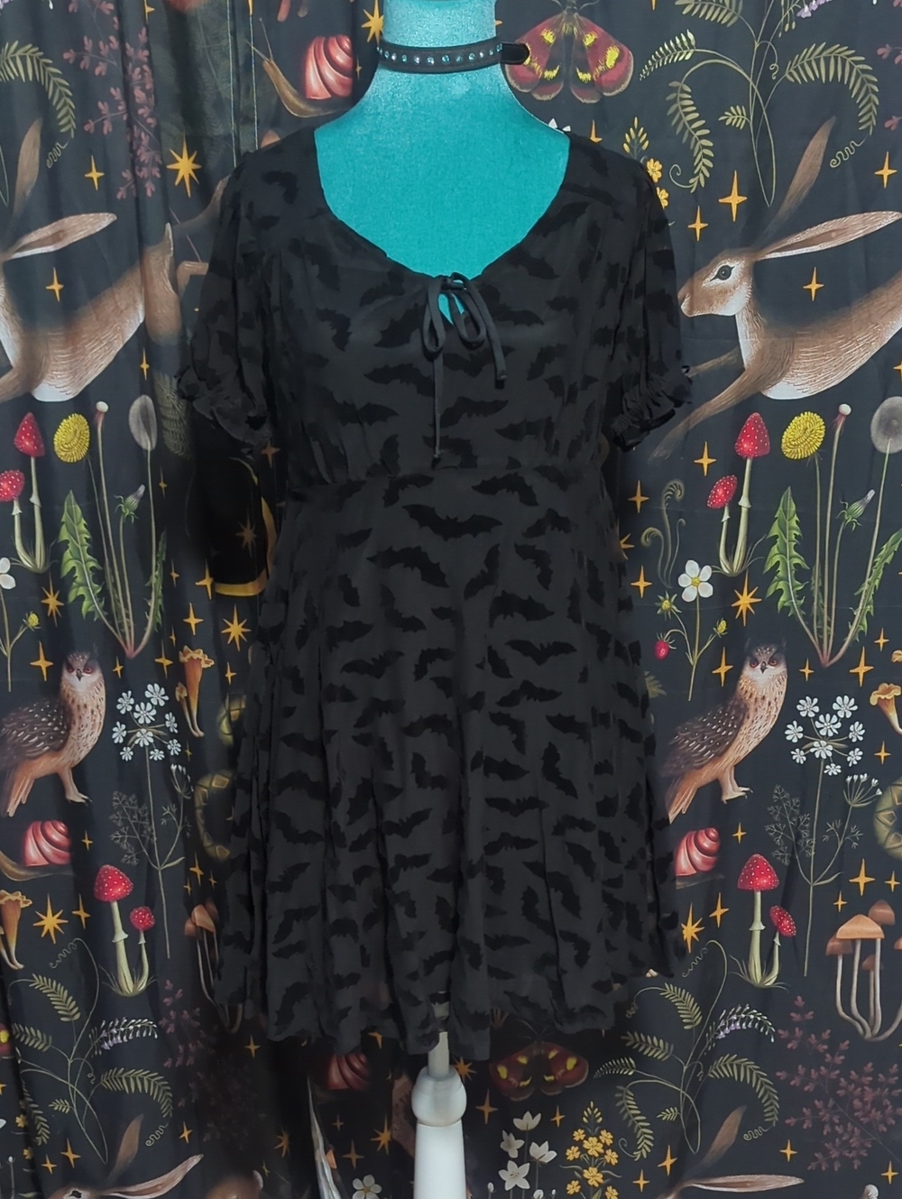 Flocked Bat Mesh Peasant Dress